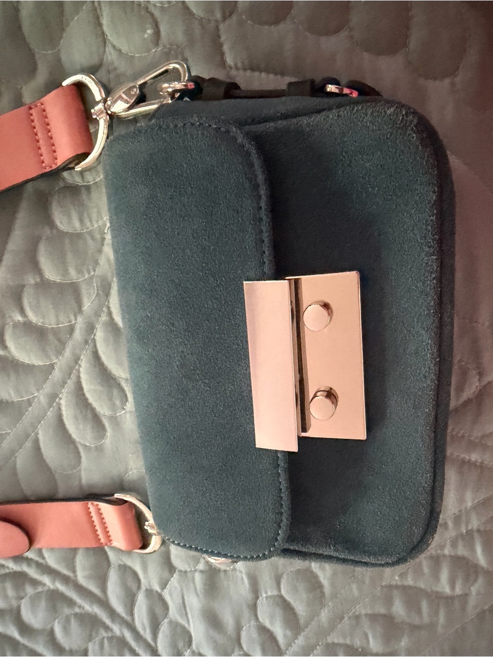 Zara Teal Suede Crossbody with Pink Strap and Gold Hardware